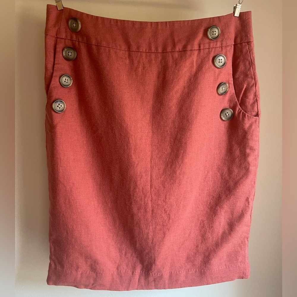 LOFT Linen Blend Sailor Button Skirt | Coral | Size 0 - Picture 2 of 7